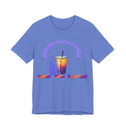 Heather Columbia Blue t-shirt with a colorful drink graphic and text on a white background