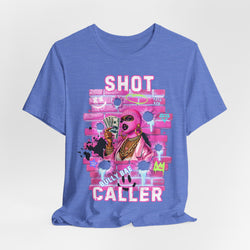 Heather Columbia Blue t-shirt with a colorful graphic design on a white background