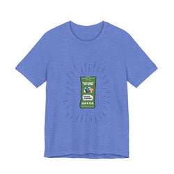 Heather Columbia Blue t-shirt with a graphic of a salsa jar on a white background