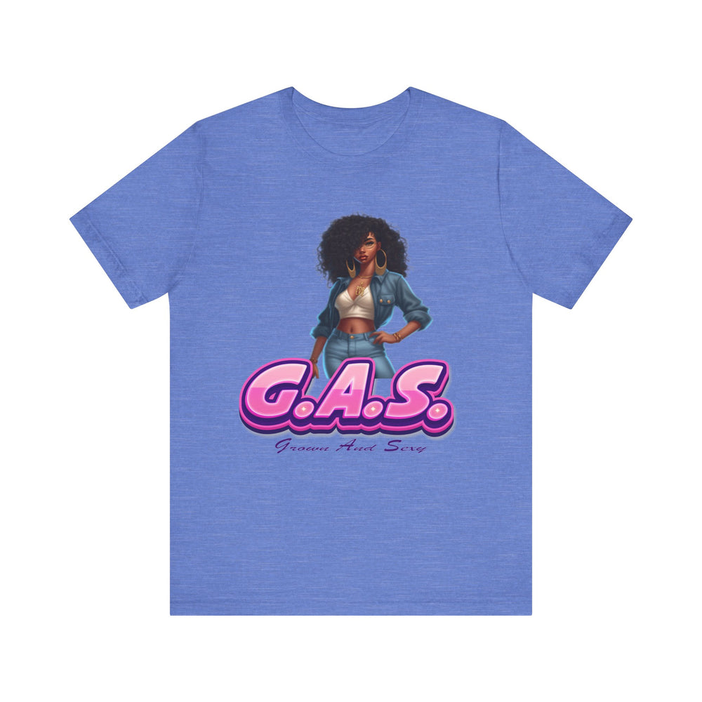 Heather Columbia Blue t-shirt with a graphic of a woman and 'G.A.S.' text on a white background