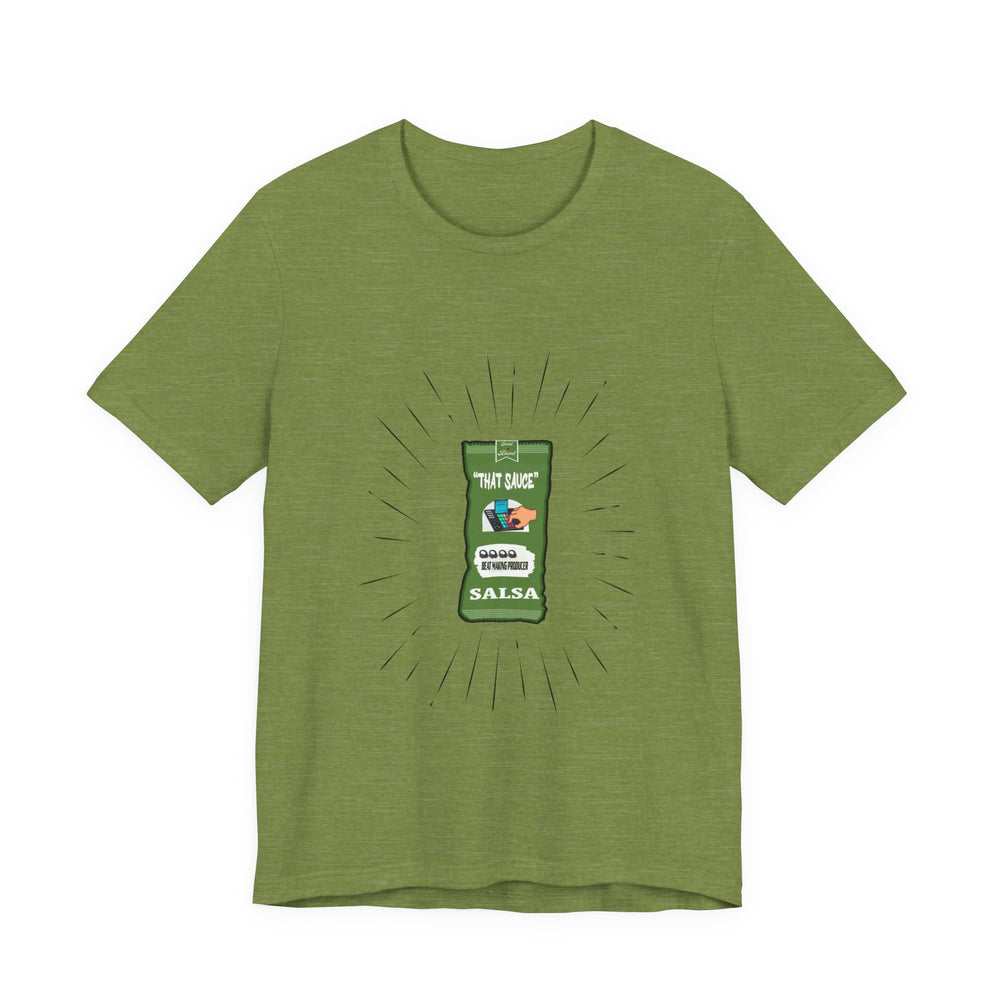 Heather  Green t-shirt with a salsa label graphic on a white background