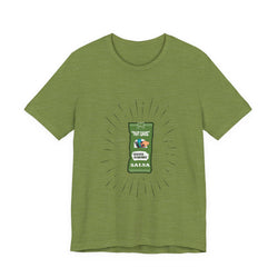 Heather  Green t-shirt with a salsa label graphic on a white background