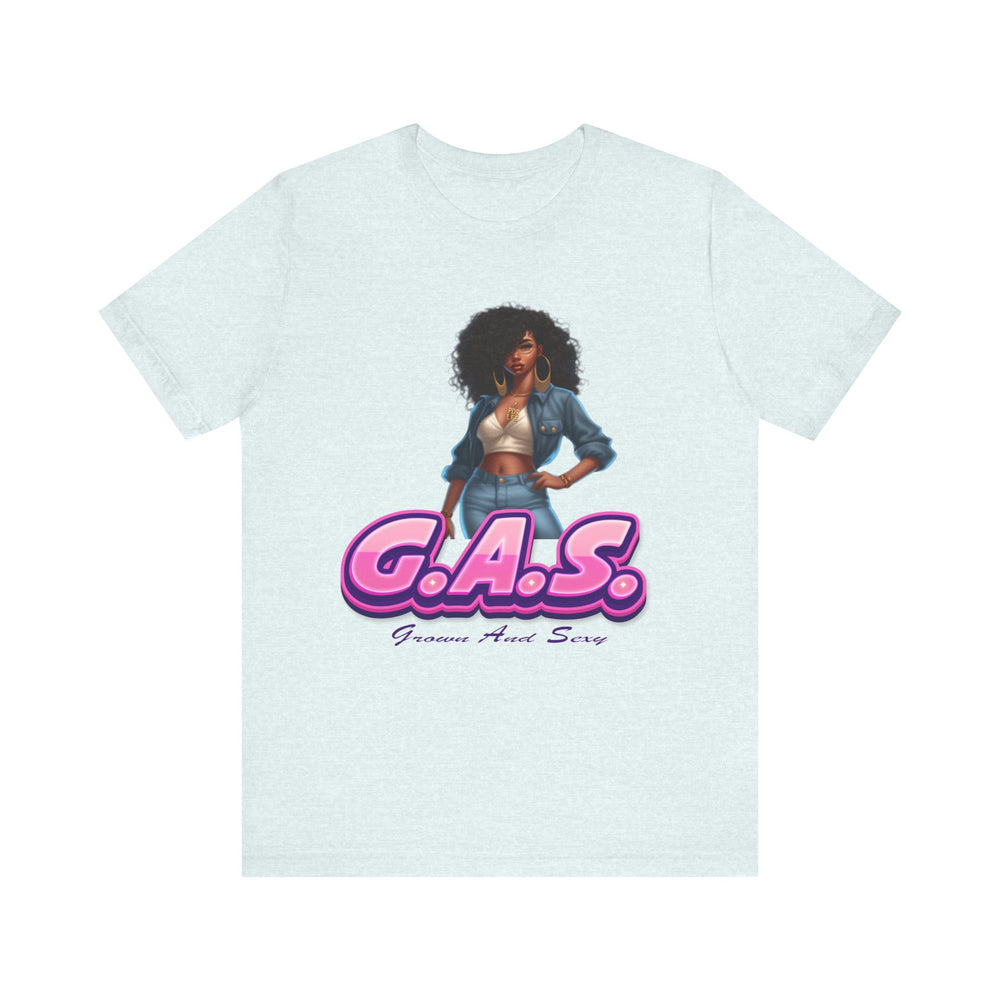 Heather Ice Blue  t-shirt with a graphic of a woman and 'G.A.S.' text on a white background