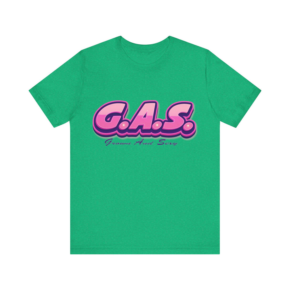 Heather Kelly t-shirt with pink 'G.A.S.' text on a white background