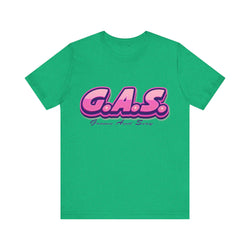Heather Kelly t-shirt with pink 'G.A.S.' text on a white background