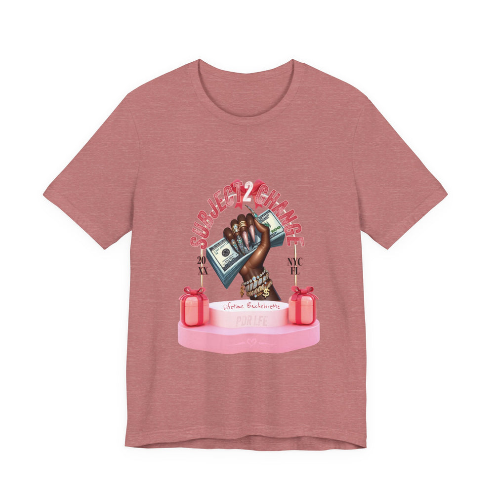Heather Mauve t-shirt with a graphic design of a hand holding money and two red gift boxes on a white background