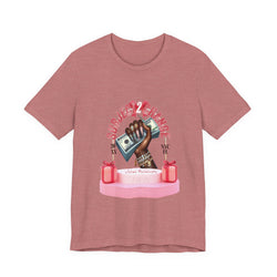 Heather Mauve t-shirt with a graphic design of a hand holding money and two red gift boxes on a white background