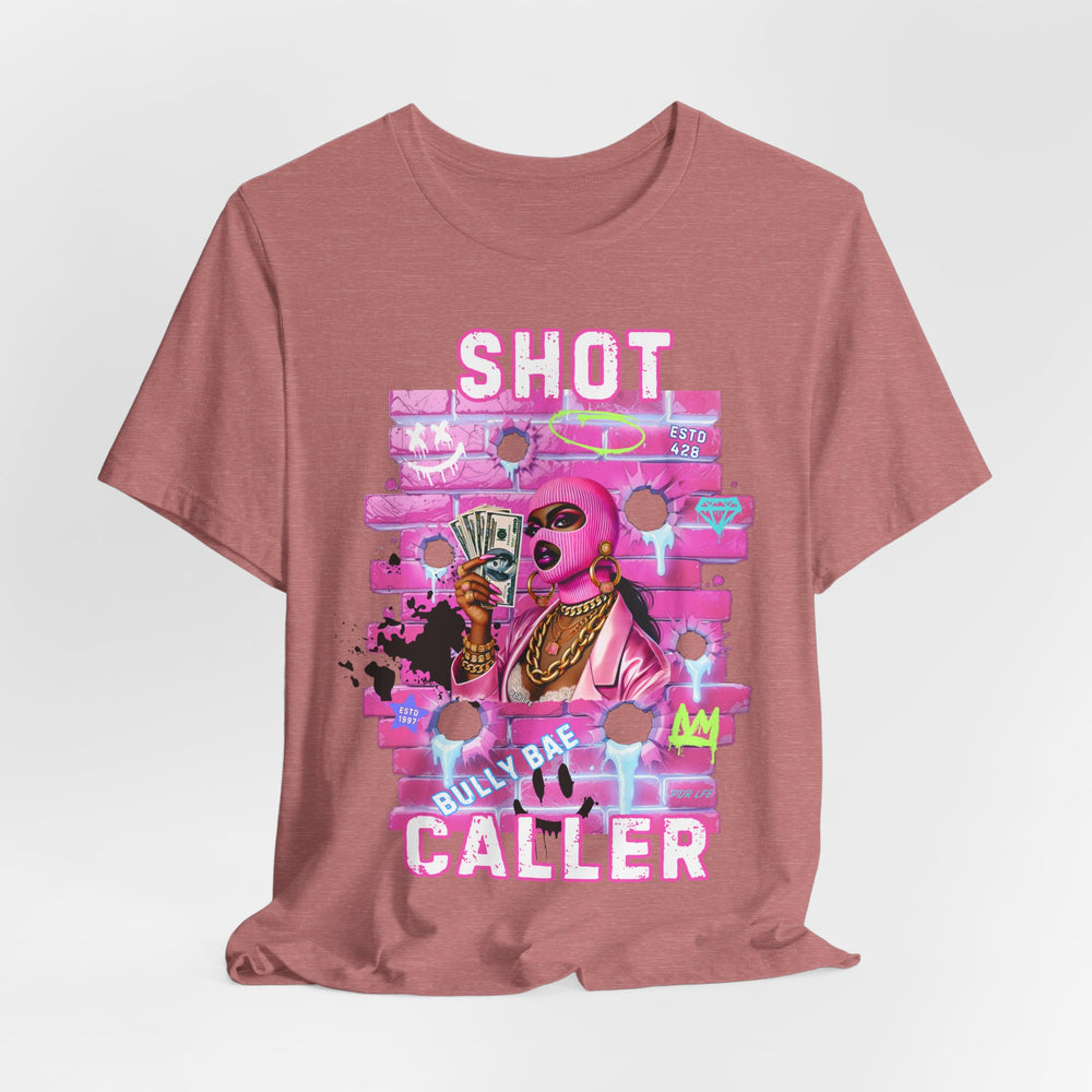 Heather Mauve t-shirt with graphic design and text on a white background