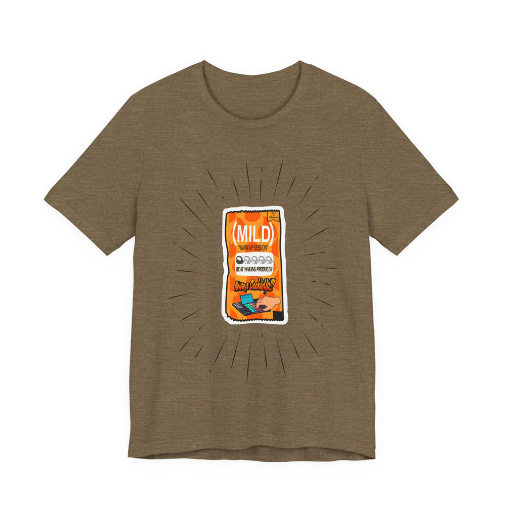 Heather Olive t-shirt with a graphic of a hot sauce packet on a white background