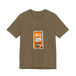 Heather Olive t-shirt with a graphic of a hot sauce packet on a white background