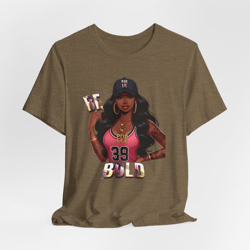Heather Olive t-shirt with a graphic of a woman and text on a white background