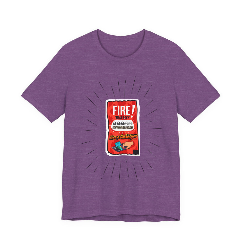 Heather Purple t-shirt with a graphic of a red fire extinguisher label on a white background