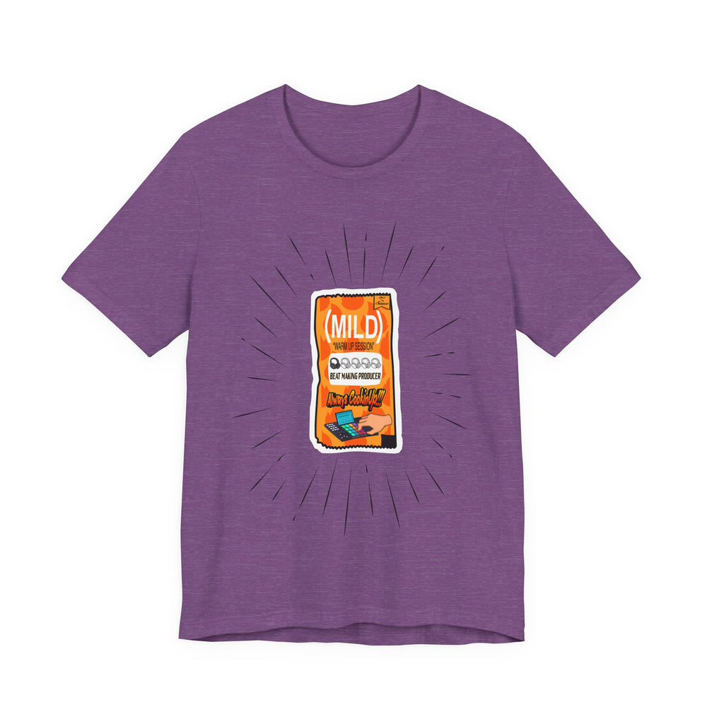 Heather Purple t-shirt with a graphic of a snack packet on a white background