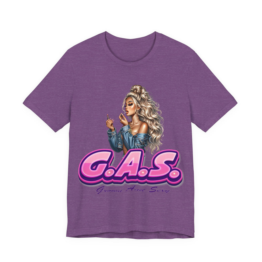 Heather Purple t-shirt with a graphic of a woman and 'G.A.S.' 3 text on a white background