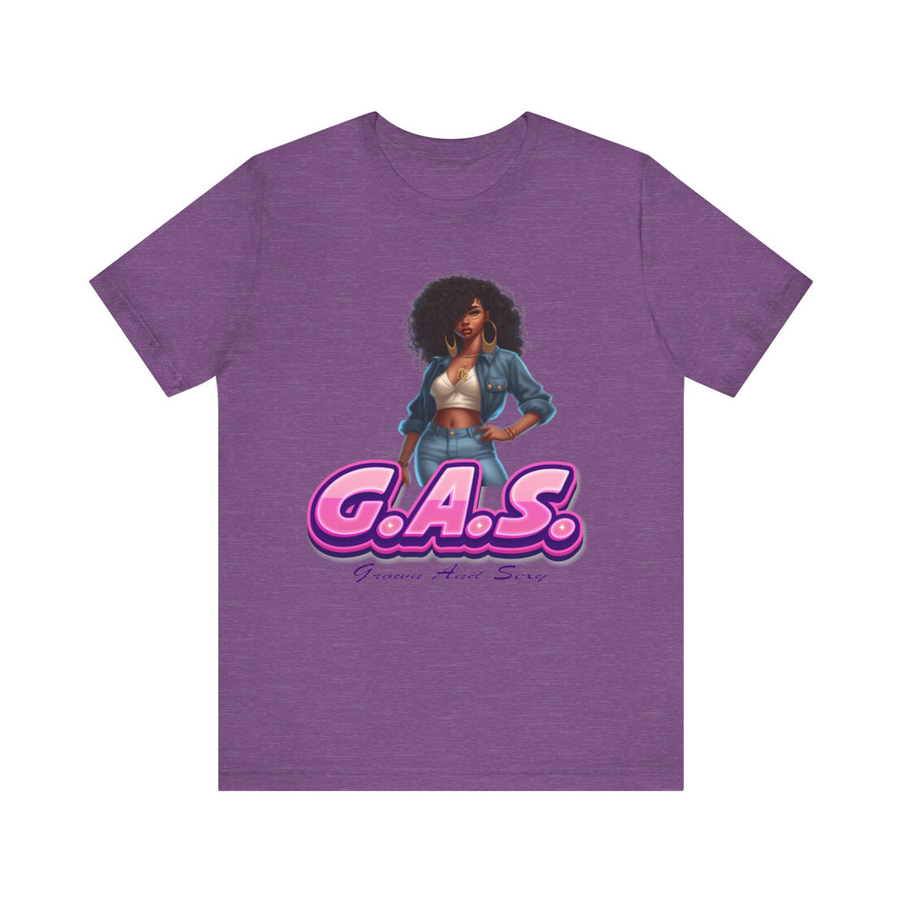 Heather Purple t-shirt with a graphic of a woman and 'G.A.S.' text on a white background