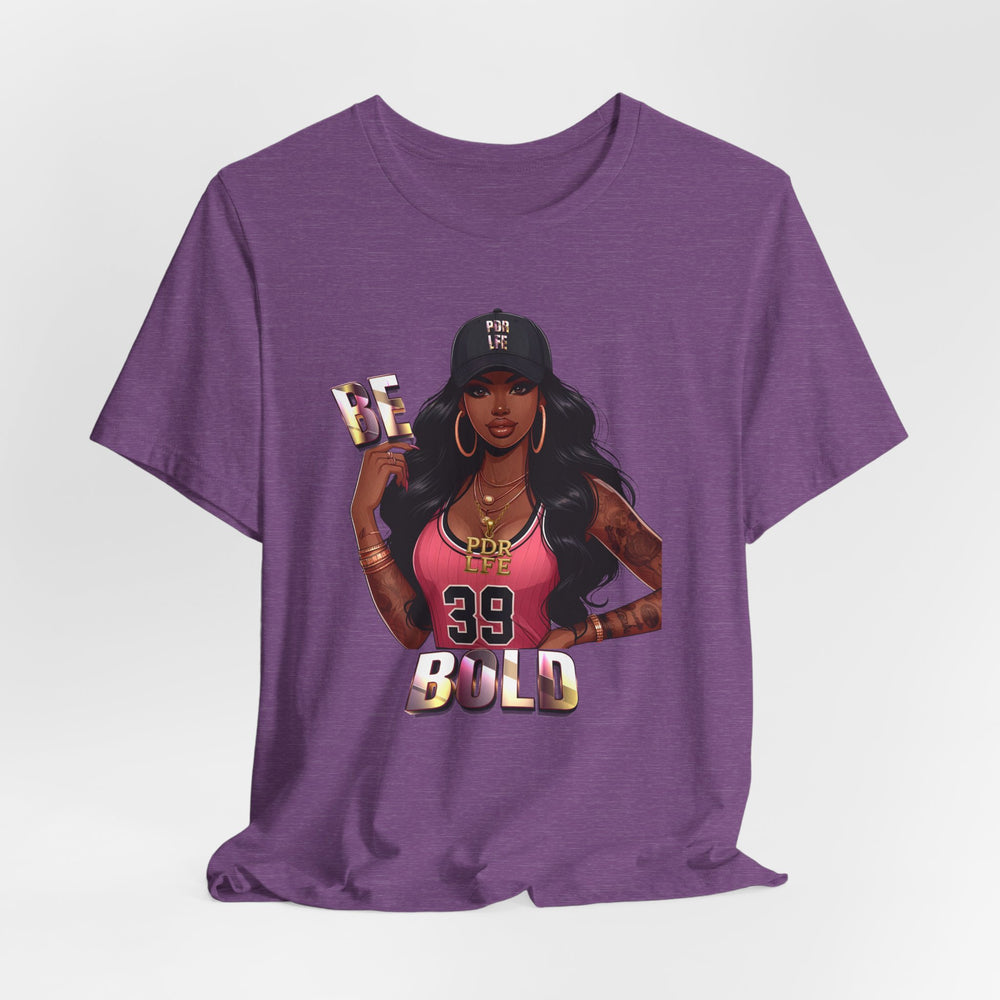 Heather Purple t-shirt with a graphic of a woman and text 'BE BOLD' on a white background