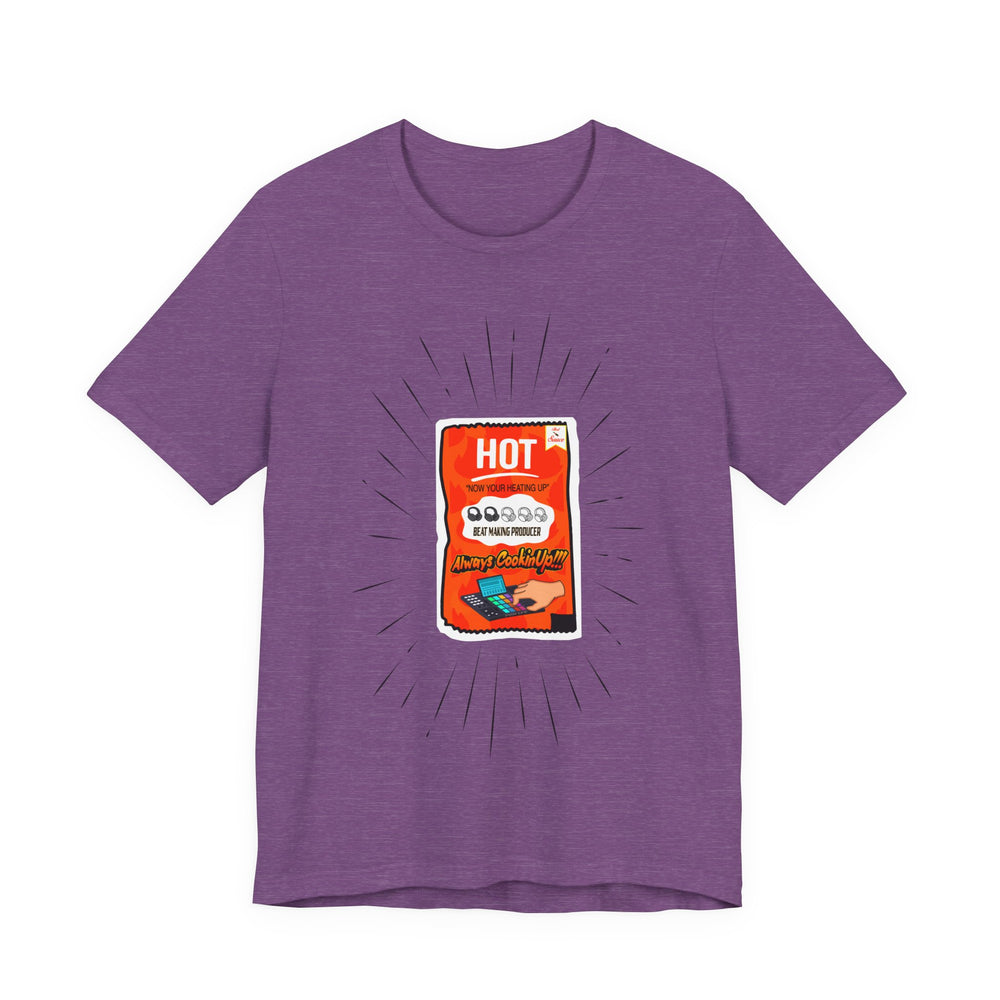 Heather Purple t-shirt with a hot sauce packet graphic on a white background