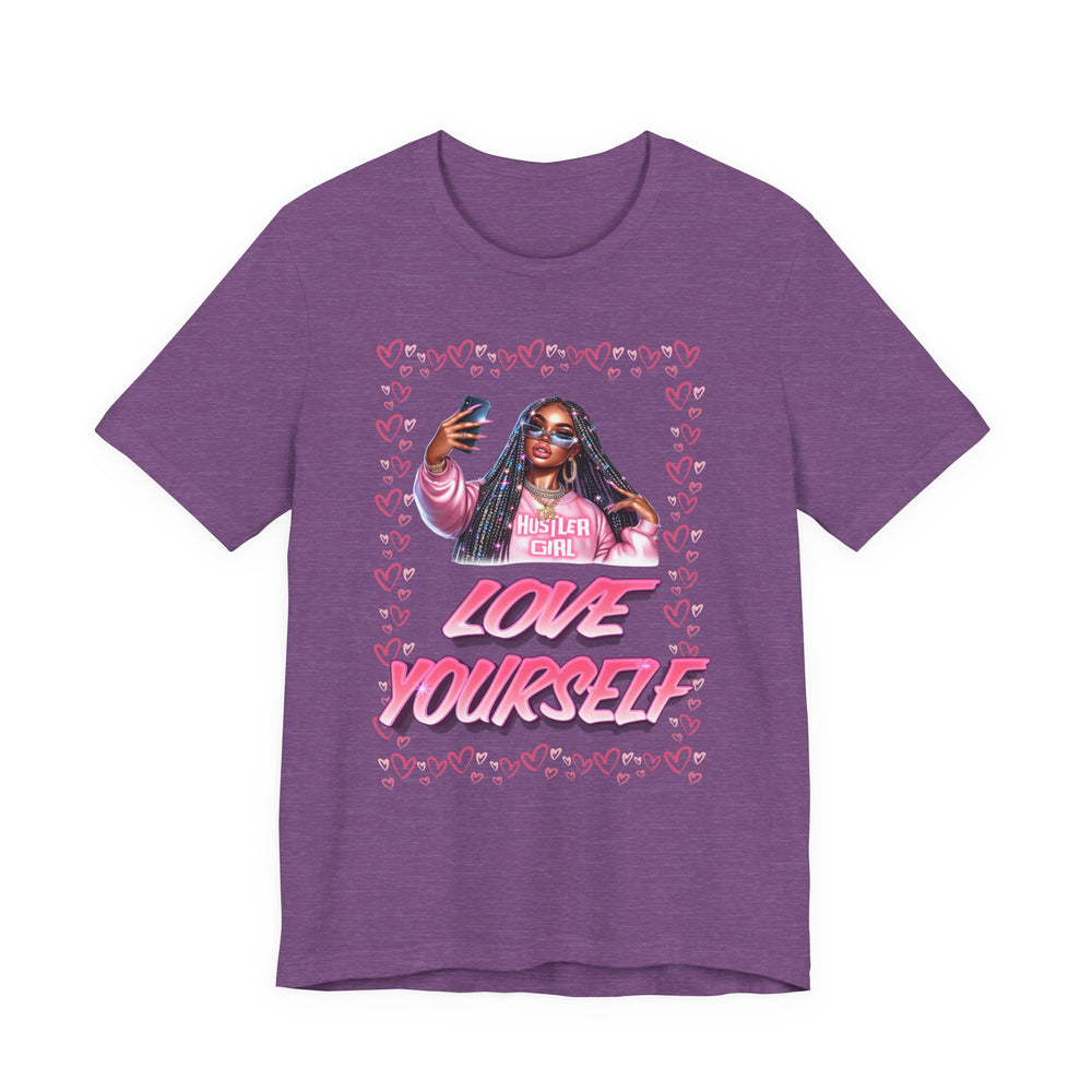 Heather Purple t-shirt with graphic design of a woman and 'Love Yourself' text on a white background