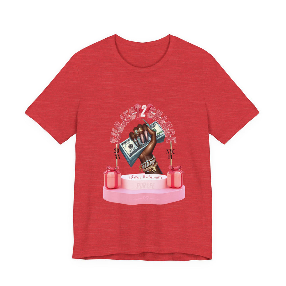 Heather  Red t-shirt with a graphic design of a hand holding money on a white background