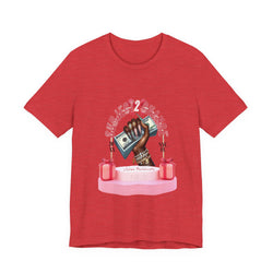 Heather  Red t-shirt with a graphic design of a hand holding money on a white background