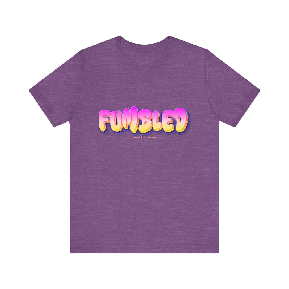 Heather Team Purple t-shirt with 'FUMBLED' text in colorful letters on a white background