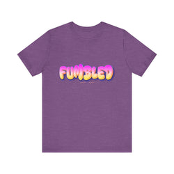 Heather Team Purple t-shirt with 'FUMBLED' text in colorful letters on a white background