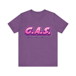 Heather Team Purple t-shirt with pink 'G.A.S.' text on a white background