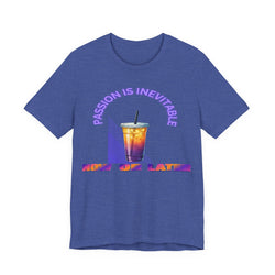 Heather True Royal  t-shirt with a colorful drink graphic and text on a white background