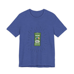 Heather True Royal  t-shirt with a graphic of a salsa container on a white background