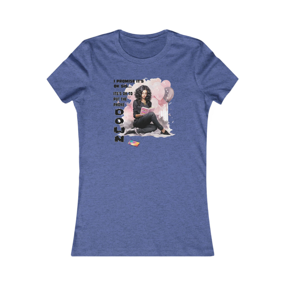 Heather True Royal t-shirt with graphic design of a woman reading a book and text on a white background