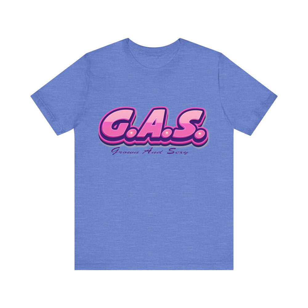 Heather True Royal t-shirt with pink 'G.A.S.' text on a white background