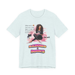 Heather ice  blue t-shirt with graphic design and text on a white background