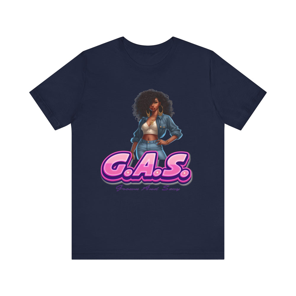 Navy blue t-shirt with a graphic of a woman and 'G.A.S.' text on a white background