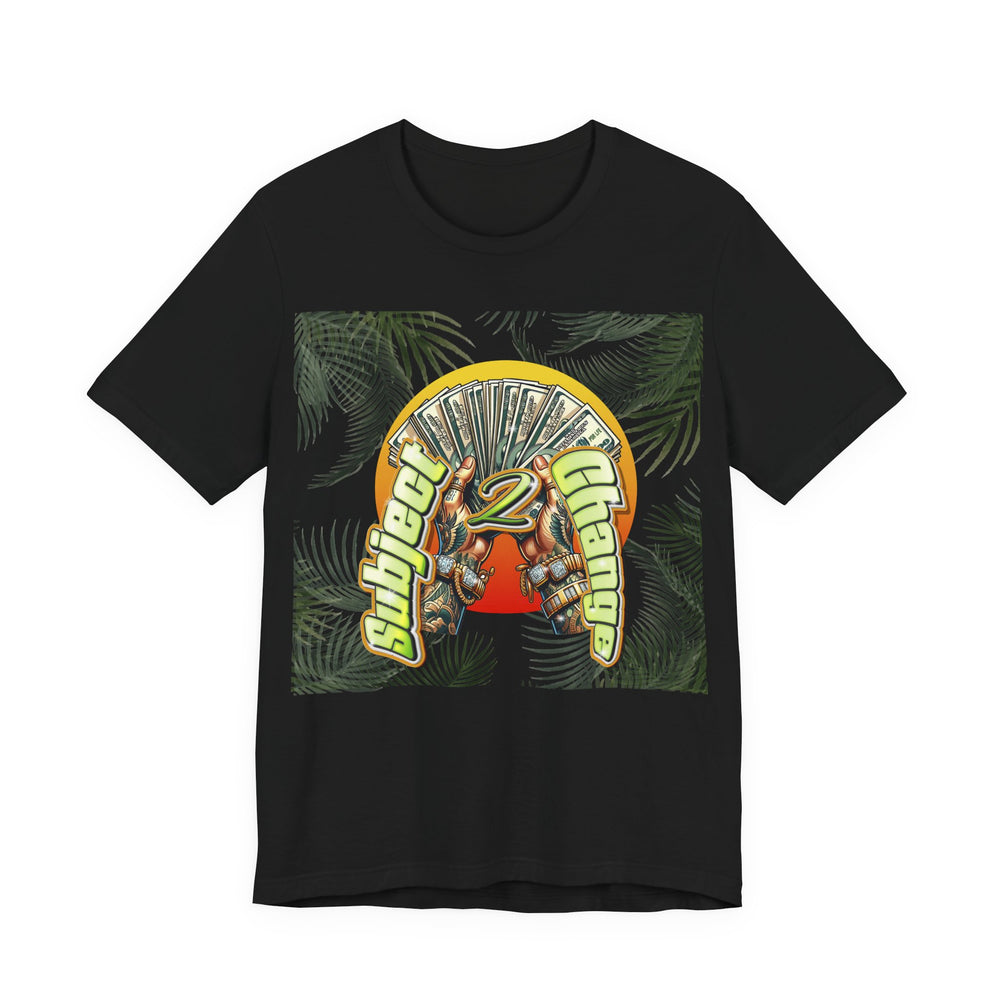 Jet Black t-shirt with a colorful graphic design on a white background