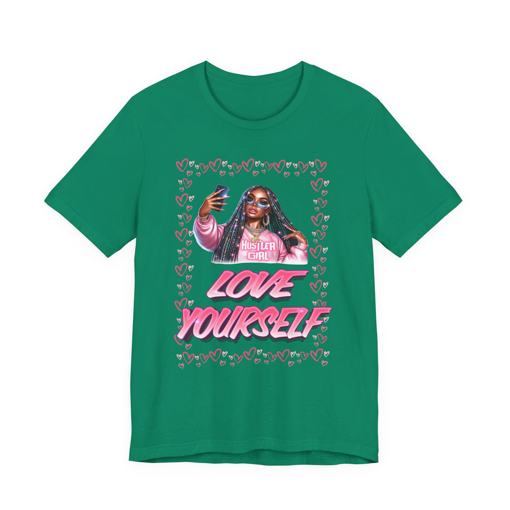 Kelly Green t-shirt with a graphic of a person and 'Love Yourself' text on a white background