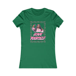 Kelly Green t-shirt with a graphic of a woman and 'Love Yourself' text on a white background