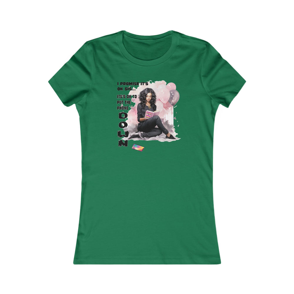 Kelly t-shirt with a graphic design of a woman reading a book on a white background