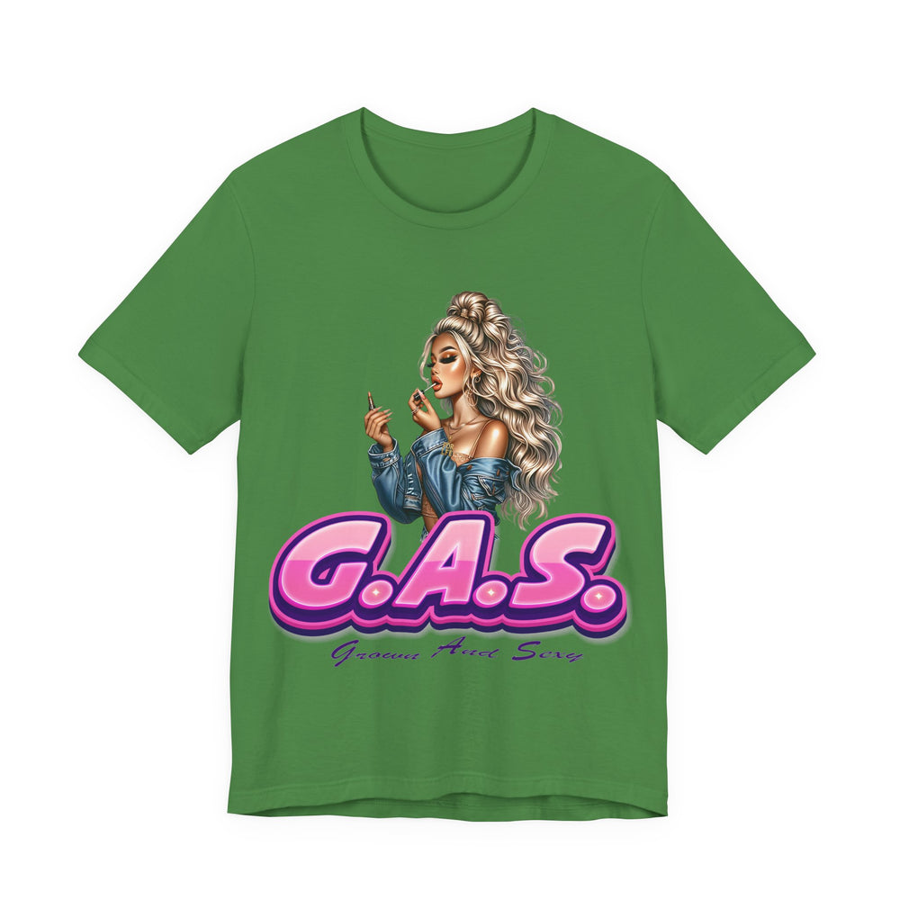 Kelly  t-shirt with a graphic of a woman and 'G.A.S.' 3 text on a white background