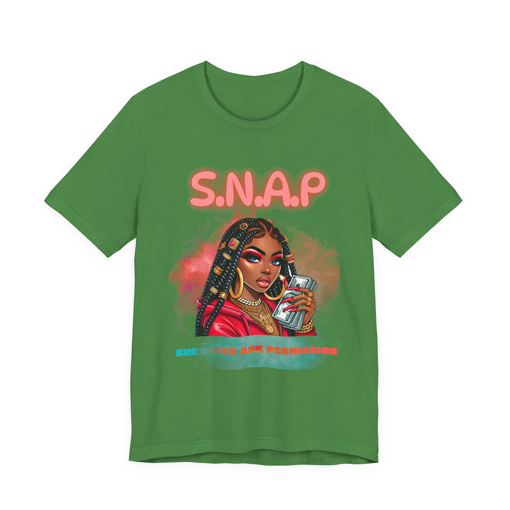 Leaf Green t-shirt with a graphic of a woman and 'S.N.A.P' text on a white background