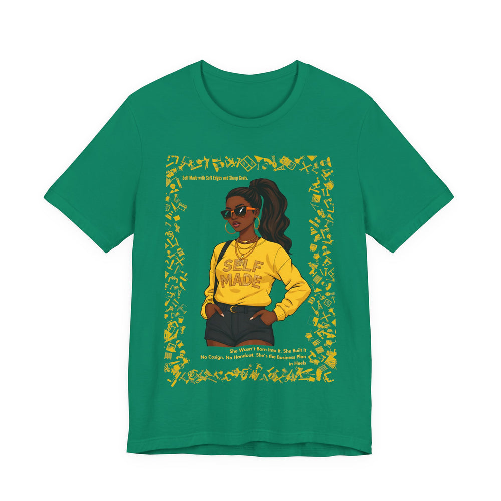 Leafy Green t-shirt with a graphic of a woman wearing a yellow shirt with 'SELF LOVE' text on a white background