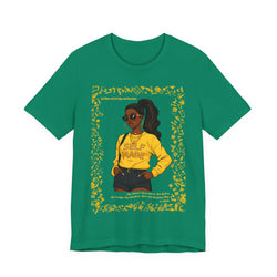 Leafy Green t-shirt with a graphic of a woman wearing a yellow shirt with 'SELF LOVE' text on a white background