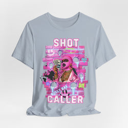 Light Blue t-shirt with colorful graphic design featuring text and images on a light gray background