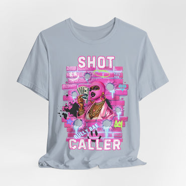 Light Blue t-shirt with colorful graphic design featuring text and images on a light gray background