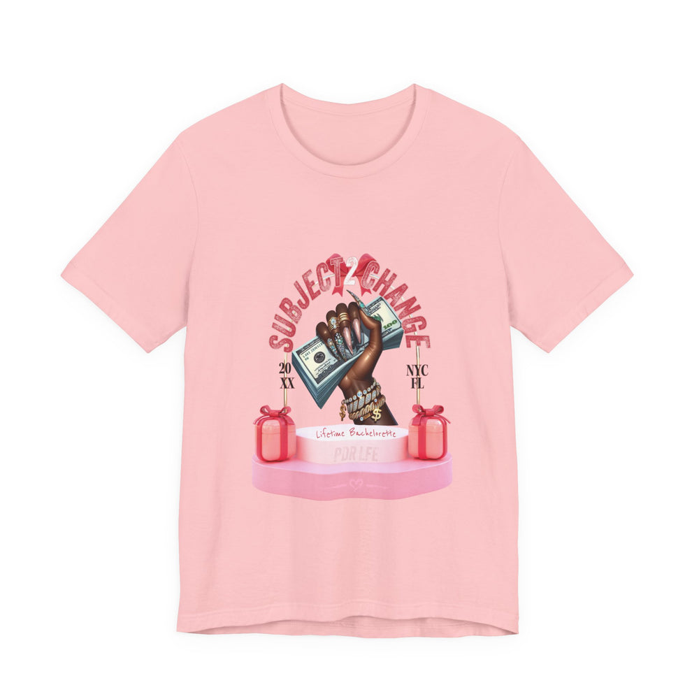 Light Pink t-shirt with graphic design of a hand holding money and text on a white background