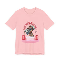 Light Pink t-shirt with graphic design of a hand holding money and text on a white background