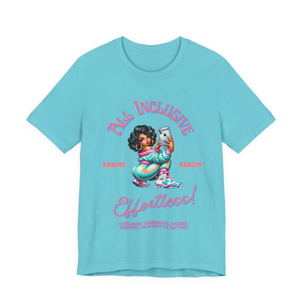Light Turquoise  blue t-shirt with graphic design and text on a white background