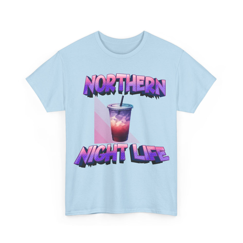 Light blue t-shirt with 'Northern Night Life' graphic design on a white background
