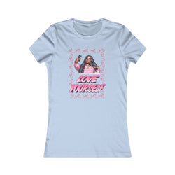 Light blue t-shirt with a graphic of a woman and 'Love Yourself' text on a white background