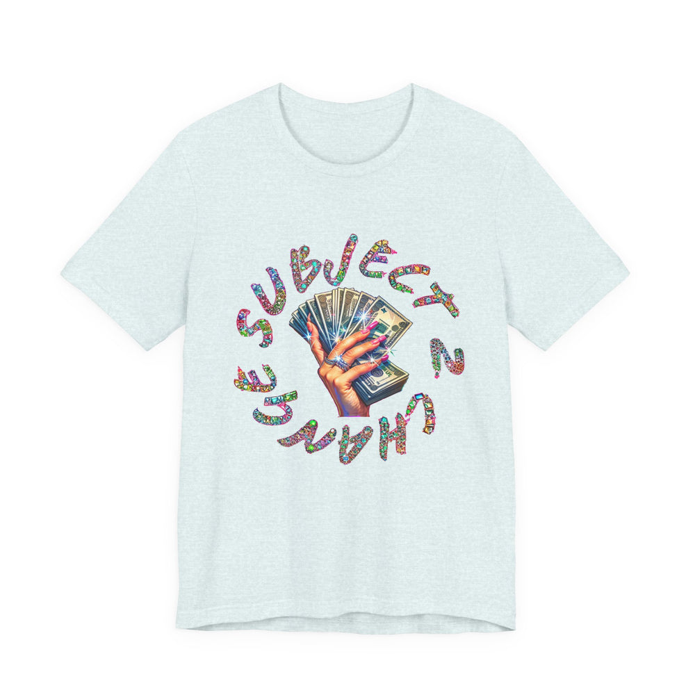 Light blue t-shirt with colorful graphic design and text on a white background