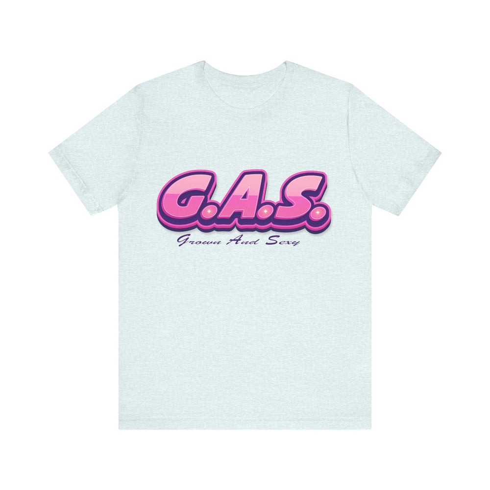 Light blue t-shirt with pink 'G.A.S.' logo on a white background